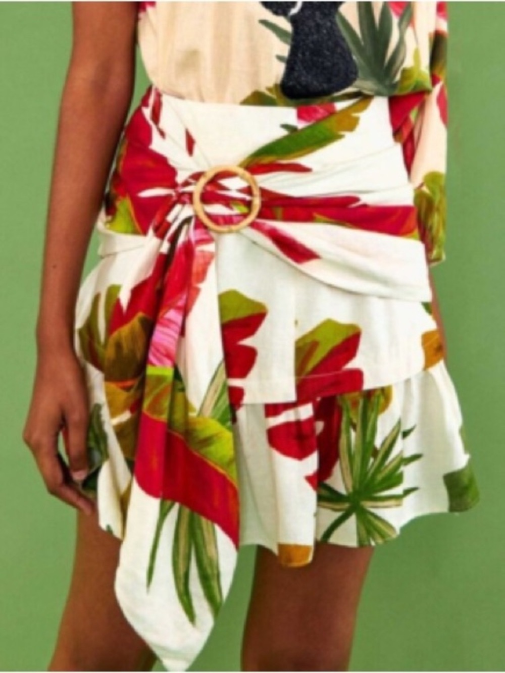 NEW FARM Rio Spring Forest Mini Skirt Tropical Leaf Print Linen Blend Size XL